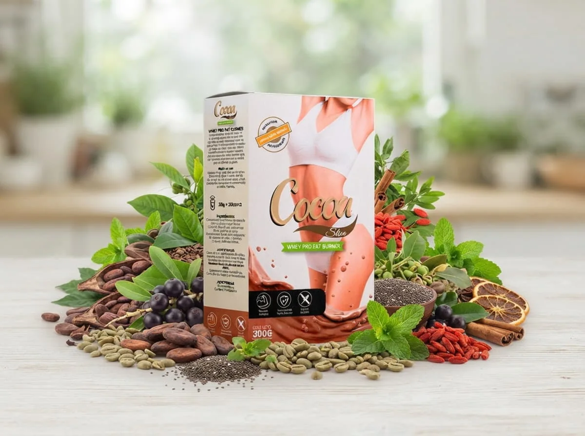 Caja de Cocoa Slim rodeada de cacao, hojas y semillas