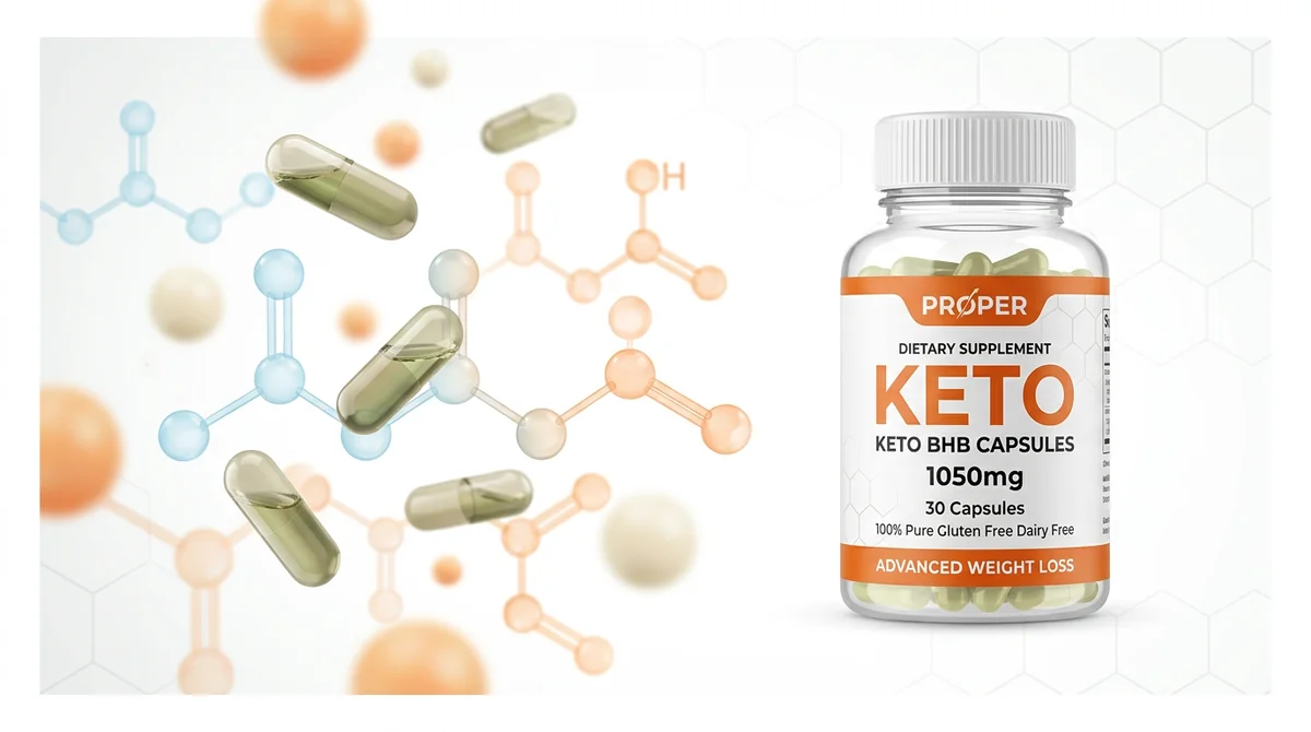 Cápsulas de Proper Keto junto a una representación de las cetonas BHB