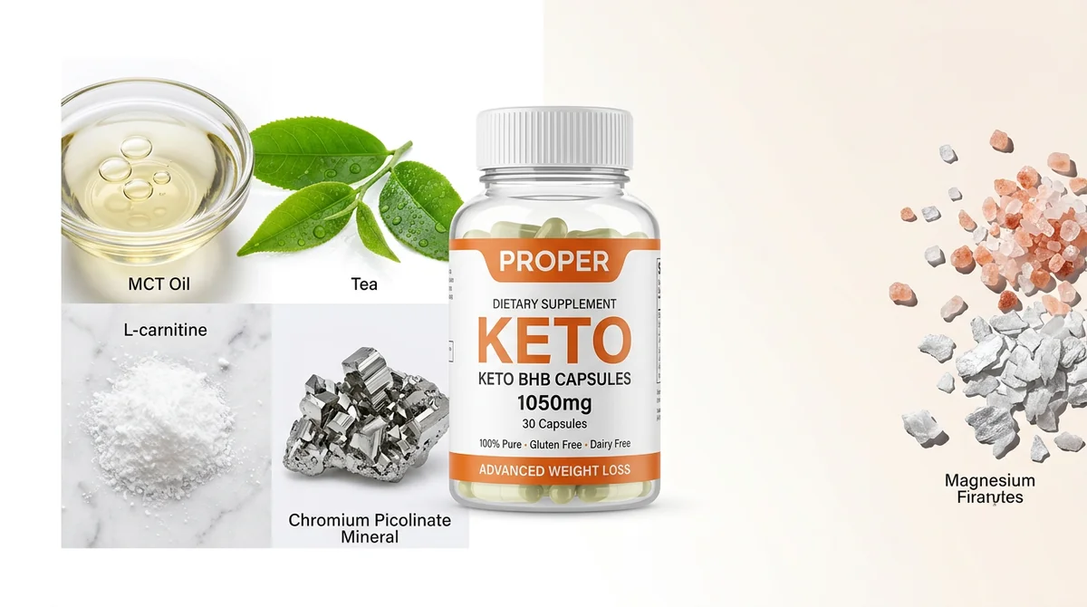 Frasco de Proper Keto rodeado de los ingredientes de su fórmula