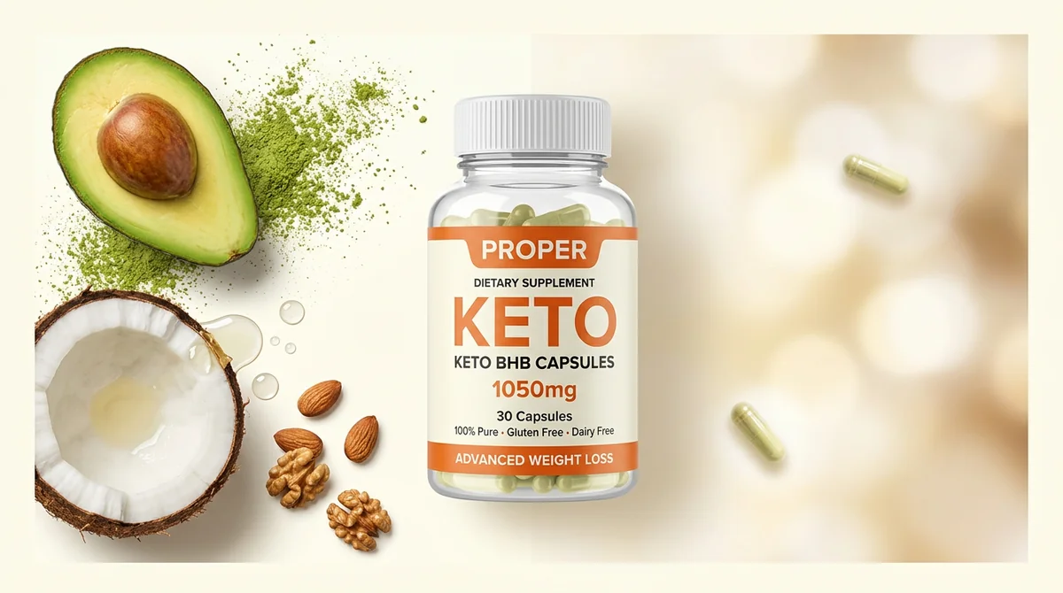 Aguacate, aceite MCT y cápsulas de Proper Keto sobre una mesa