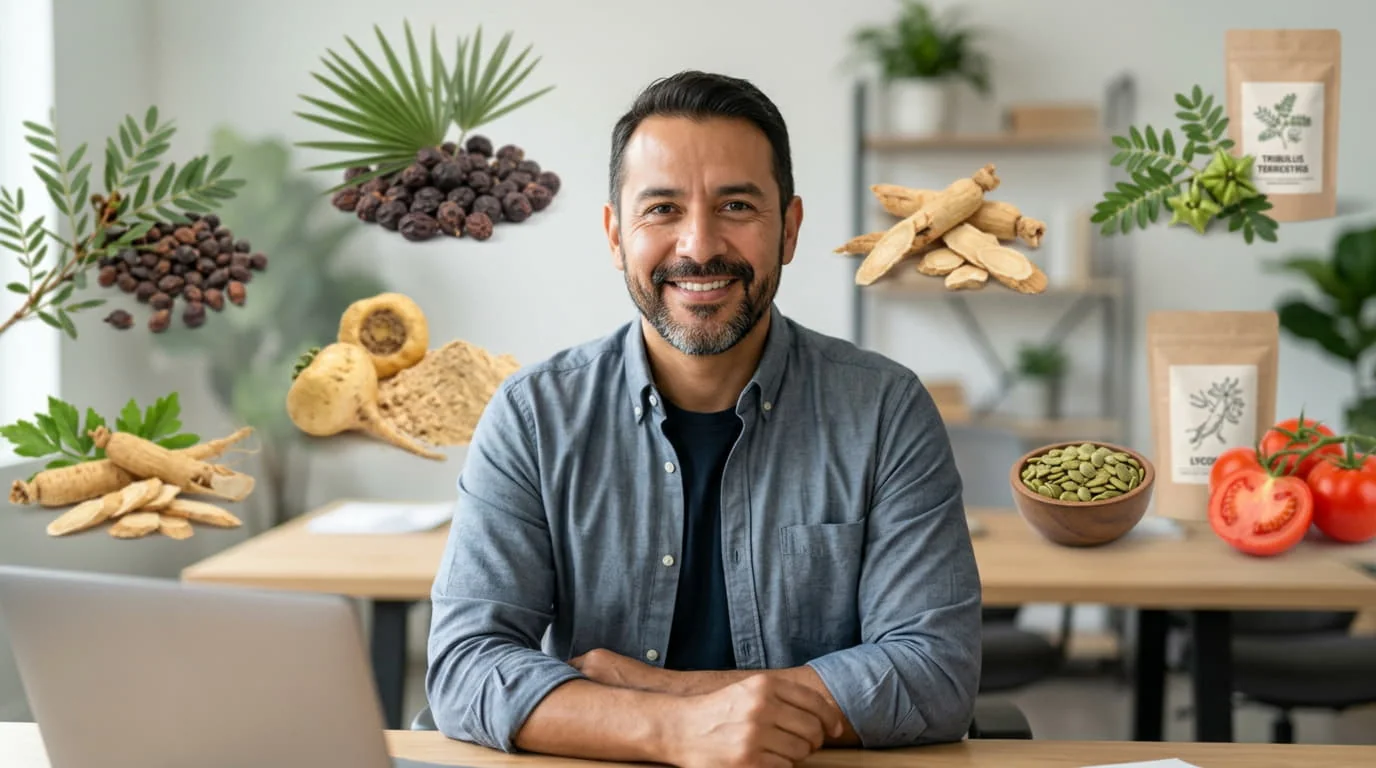 Hombre adulto sonriente en su mesa de trabajo rodeado de plantas e ingredientes naturales